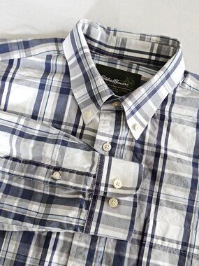 EDDIE BAUER Men's L Plaid Long Sleeve Button Down Shirt Blue Gray White
